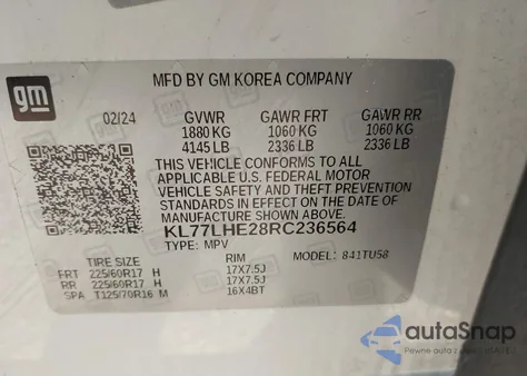 2024 Chevrolet Trax Fwd Lt z USA, uszkodzony, nr VIN KL77LHE28RC236564